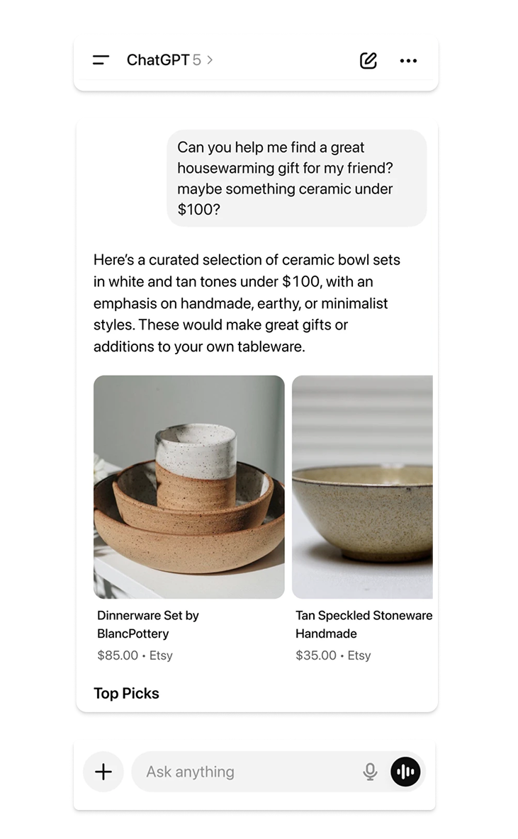 Chat gpt ui display content of user looking for a house warming gift