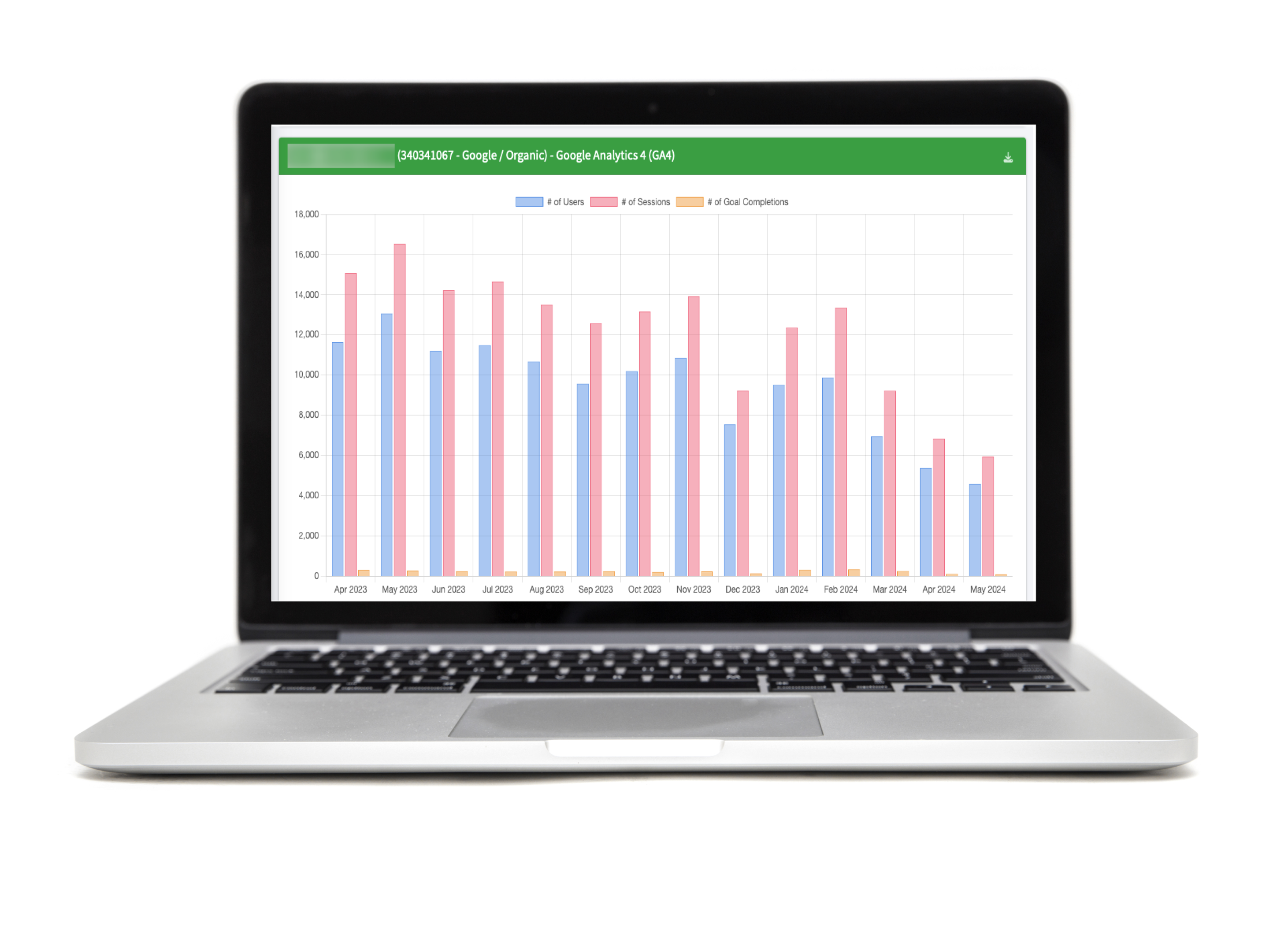 An open laptop screen showing a blurred-out bar graph of SEO content strategy results. 