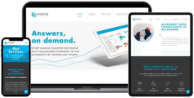 The same website shown on a laptop screen, mobile screen and a tablet screen with different layouts. 