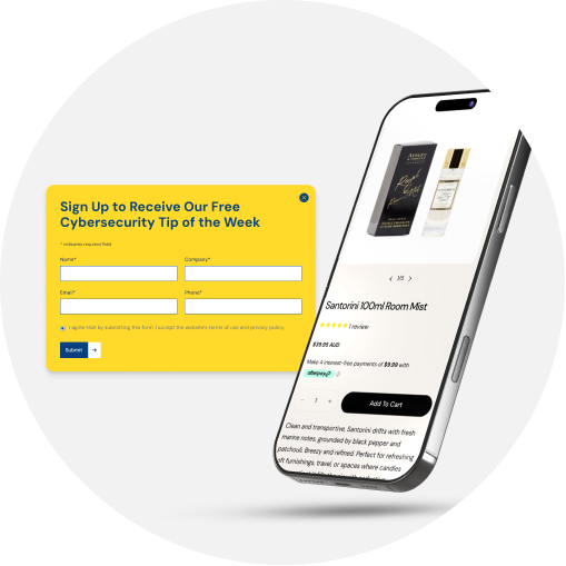 A screenshot of a product on mobile with a lead form alongside.