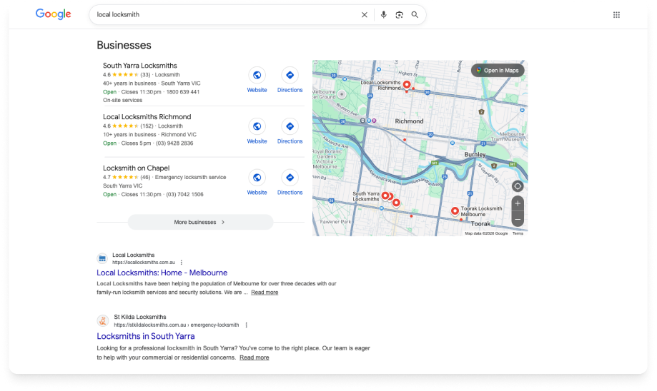 Local search results with map