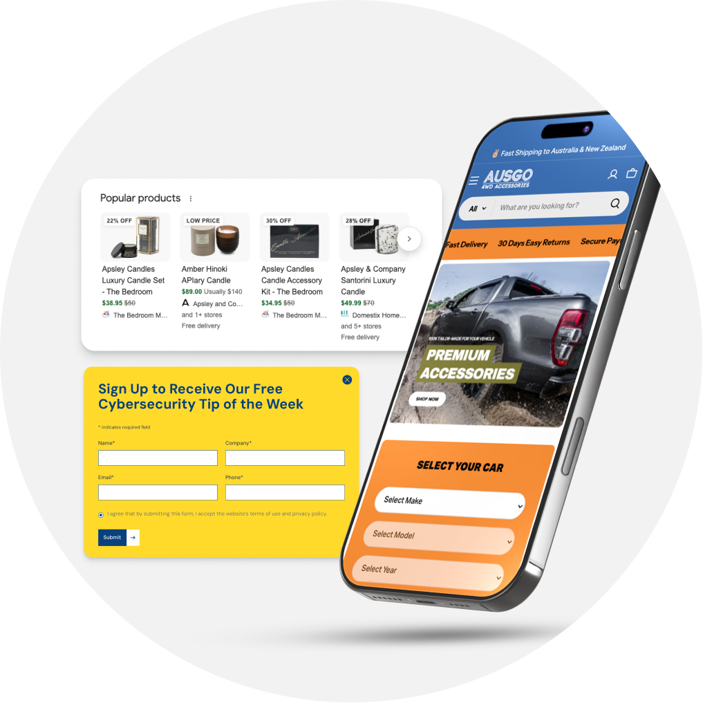 Digital marketing cluster image, mobile eCommerce store screenshot, contact form, google display ads.