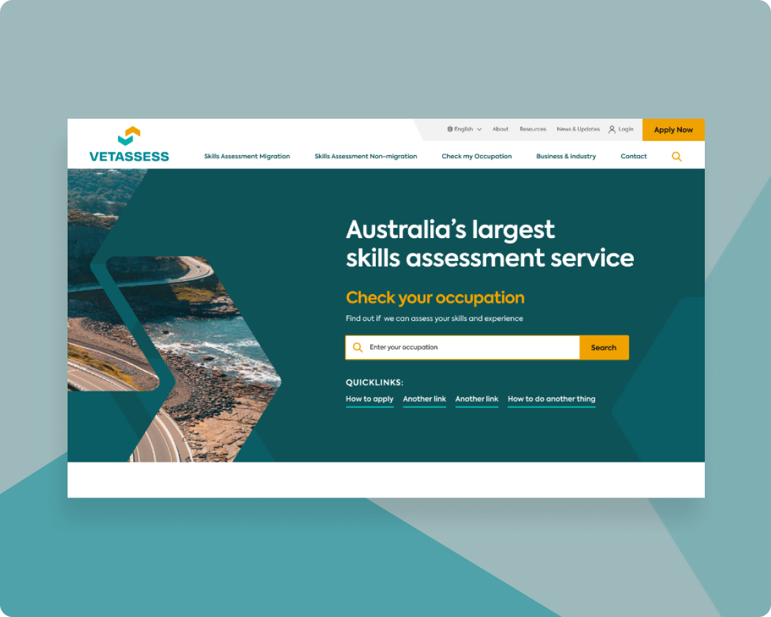 Screenshot of the homepage website design for Government Client Vetassess