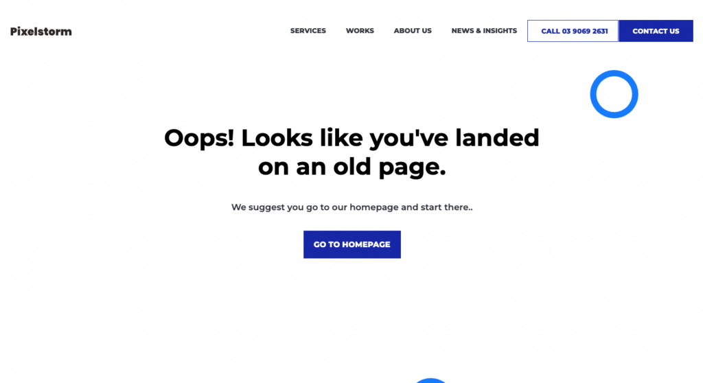 404 error displaying 'oops! looks like you've landed on an old page'