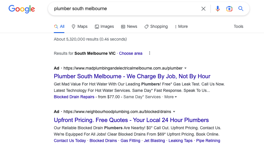 Image of Google search showing google ads mistakes