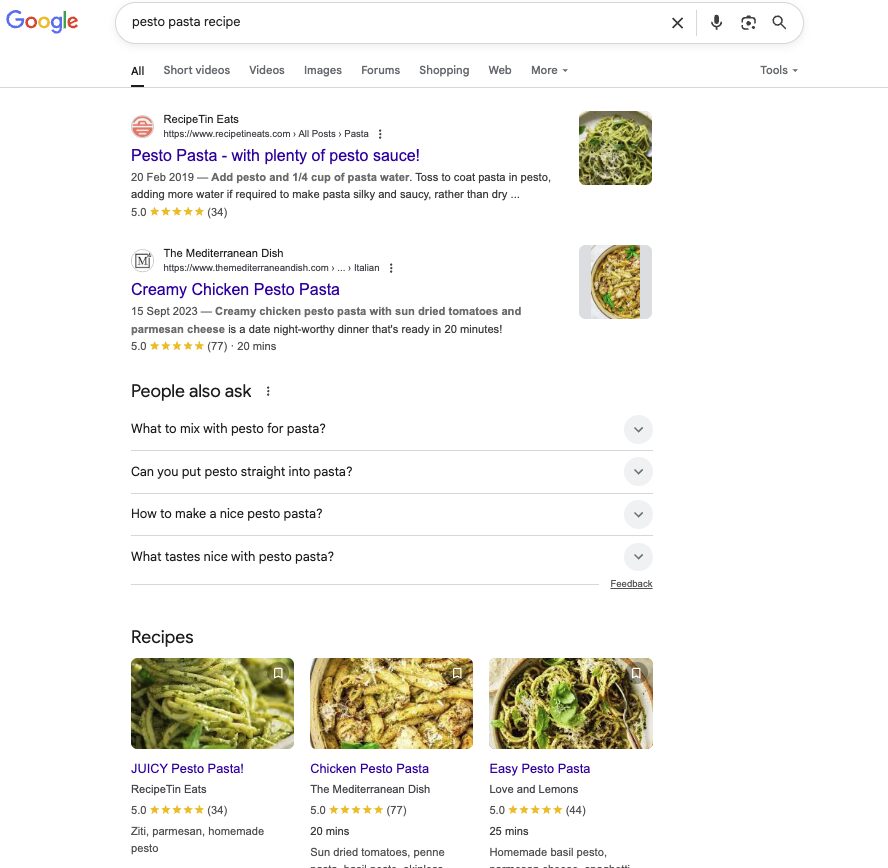 A screenshot of Google search results showing results for a pesto pasta recipe