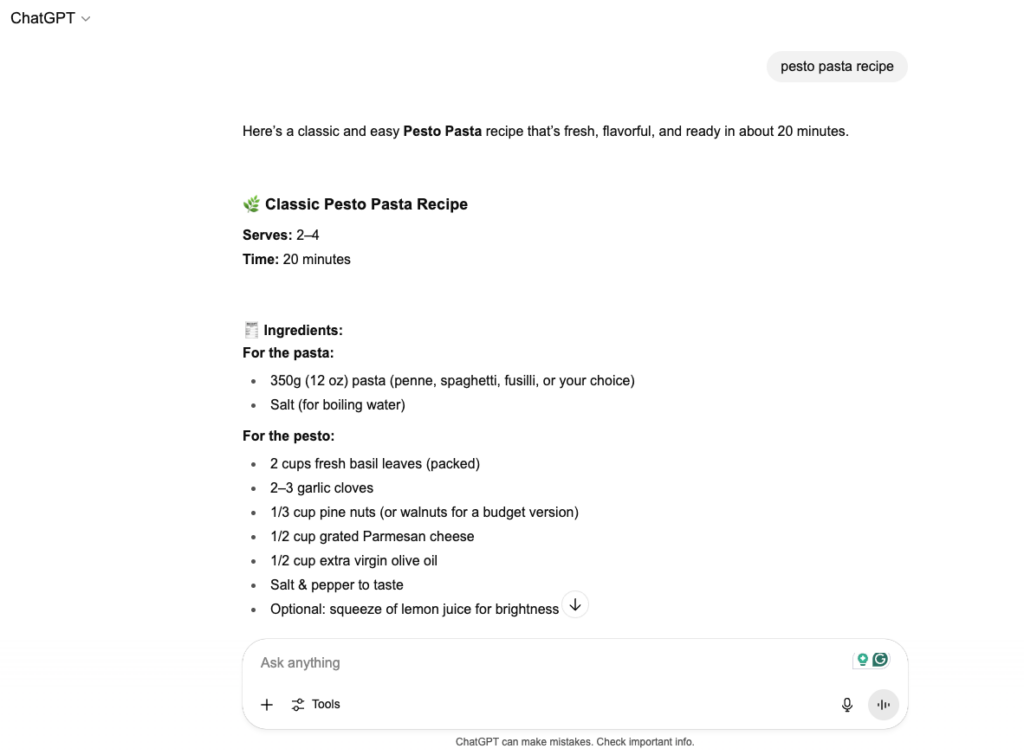 A screenshot of ChatGPT's results showing a pesto pasta recipe