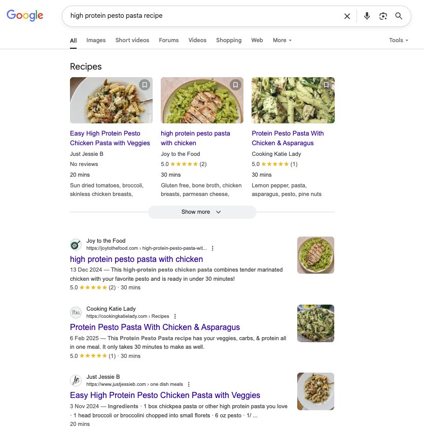 A screenshot of Google search results showing results for a high protein pesto pasta recipe