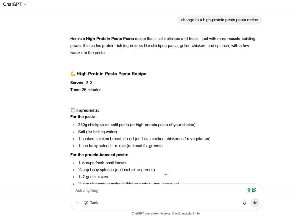 A screenshot of ChatGPT's results showing a high protein pesto pasta recipe