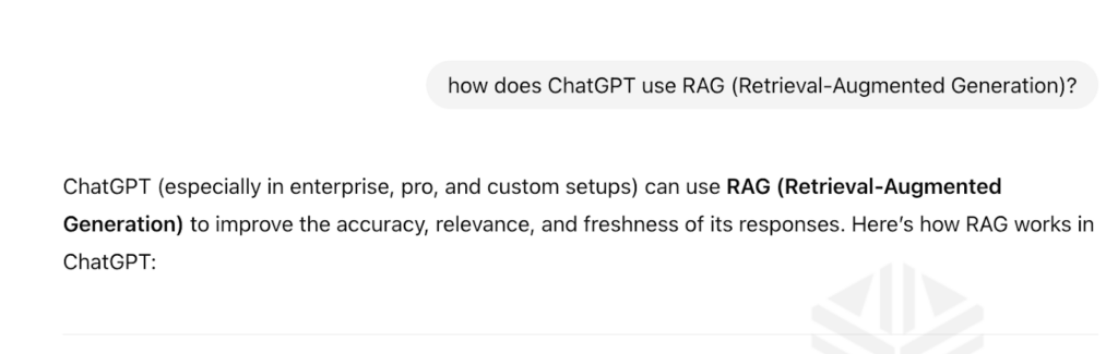 A screenshot of a ChatGPT query with the question: how does ChatGPT use RAG