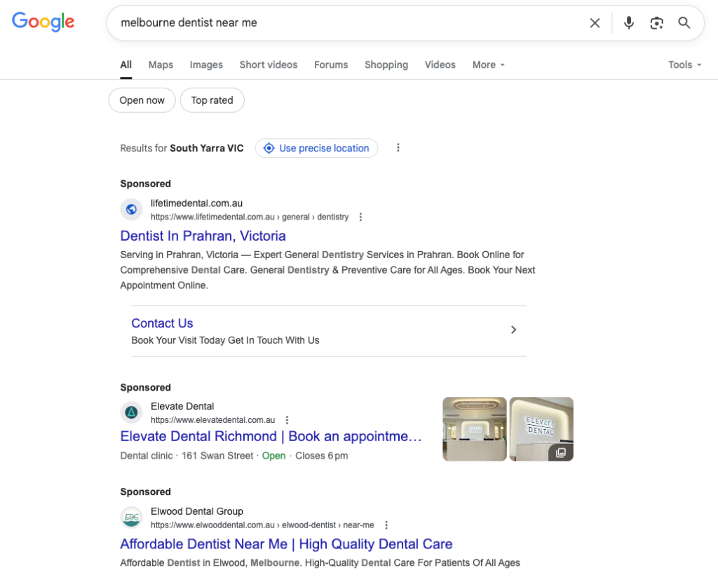 Google Ads vs. Meta Ads: Which is Better for Your Business? 2 A screenshot of search results for dentists in Melbourne with Google ads at the top